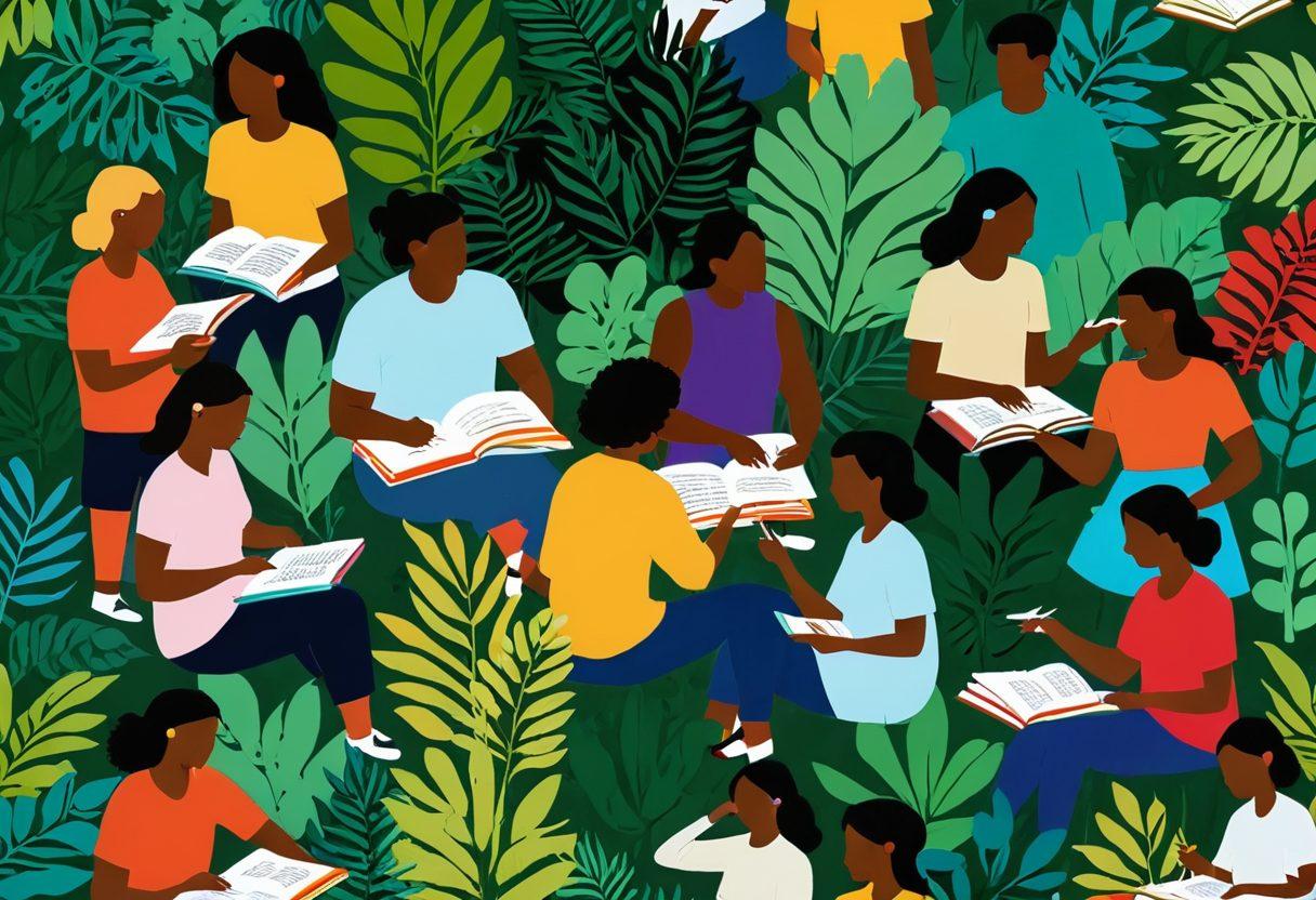 A vibrant collage of diverse individuals engaging in various creative activities like writing, photography, and cooking, surrounded by plants and books, depicting unity and community spirit. Include speech bubbles with snippets of conversation to symbolize sharing ideas and insights. The colors are warm and inviting, capturing a sense of togetherness and inspiration. bright colors. vector art. modern design.