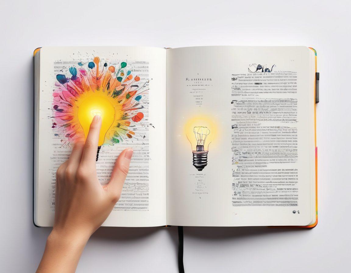 A whimsical digital journal with colorful pages, filled with handwritten notes, sketches, and inspiring quotes. Around it, vibrant light bulbs symbolize ideas sparking to life. The background features an abstract blend of creativity and technology, with digital elements intertwining. A hand is reaching out, ready to write. super-realistic. vibrant colors. white background.