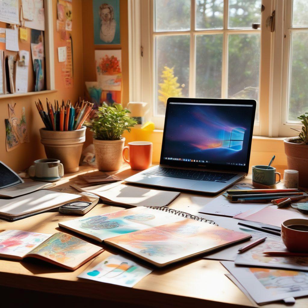 A vibrant and colorful workspace filled with art supplies, notebooks, and a laptop displaying a bright, open blog page. A window with sunlight streaming in, illuminating a corkboard filled with inspiring quotes and doodles. A steaming cup of coffee sits nearby, adding warmth and creativity to the scene. Artistic elements like paint splashes and sketches are playfully scattered around. lively, inviting, and dynamic atmosphere. super-realistic. vibrant colors.